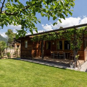 Kleines Chalet aus Holz mit großem Garten