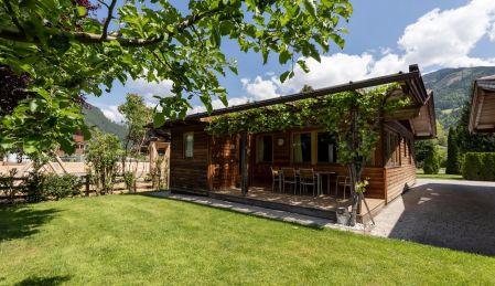 Kleines Chalet aus Holz mit großem Garten